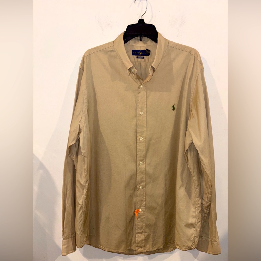Ralph Lauren Classic Fit Button Down Long Sleeve Tan Men’s XL Green Pony